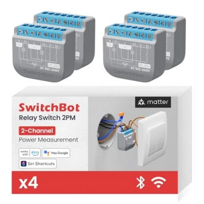 Abbildung von SwitchBot Wlan Schalter 2PM kompatibel mit Alexa/Apple Home/Google Home, Leistungsmessendes Relaisschaltmodul integriertem Bluetooth Repeater und Trockenkontakt, Wi Fi 2,4 GHz, 16A(4 Stück)