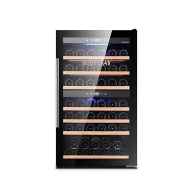 Abbildung von BODEGA43 64F Weinkühlschrank Freistehend 2 Zonen, 195 Liter, 64 Flaschen, 7 Regaleinschübe, Vollglastür mit UV Filter, sehr Leise (40 dB) und vibrationsarm
