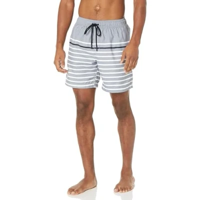 Abbildung von Amazon Essentials Herren Badehose, Schnell Trocknend, 18 cm Auslauffarben, Schwarz Dunkelgrau Meliert Schmaler Streifen, M