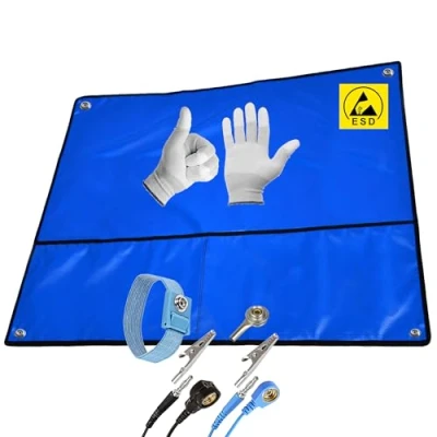 Abbildung von Minadax 80x60 cm ESD Set Antistatische Arbeitsmatte Tischmatte Unterlage Tragbar &amp; Faltbar + Manschette Erdungskabel Handschuhe Schutz vor Entladungsschäden