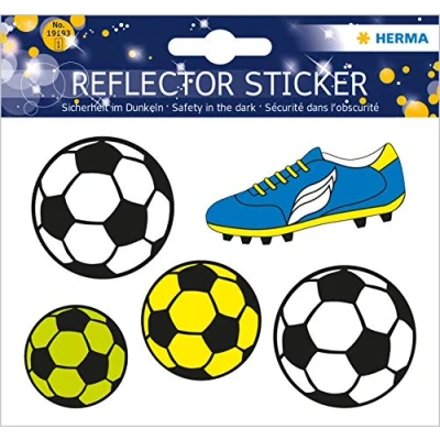 Abbildung von HERMA 19193 Reflektor Aufkleber Fußball, 5 Stück, selbstklebende Kinder Sticker für Fahrrad Helm Schulranzen Rollator Auto Koffer Kinderzimmer, Motiv Leuchtaufkleber Leuchtsticker Set
