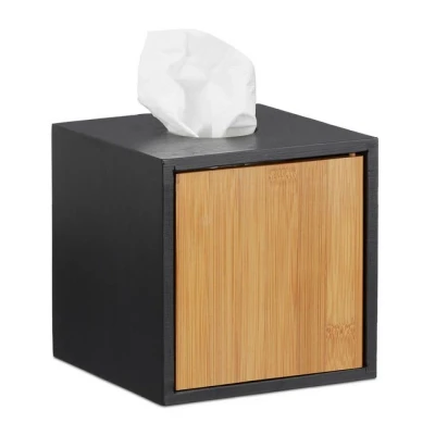 Abbildung von Relaxdays Kosmetiktücherbox schwarz, Taschentuchbox quadratisch, Kosmetikbox Bambus, HxBxT: 14,5 x cm, black
