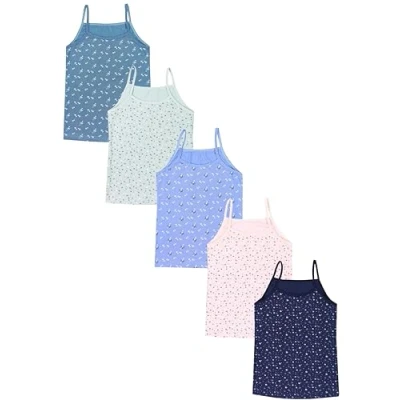 Abbildung von TupTam Mädchen Unterhemd Spaghettiträger Top 5er Pack, Farbe: Blümchen Dunkelblau Blau Grün Rosa Dunkeltürkis, Größe: 158 164