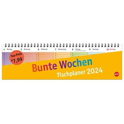 Abbildung von Bunte Wochen Wochenquerplaner 2024. Übersichtlicher Umklapp Kalender 2024 mit farbig markierten Tagen. Tisch für den Schreibtisch.