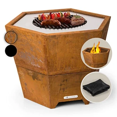 Abbildung von Blumfeldt Feuerschale mit Grillrost, Outdoor Stahl Groß für Balkon &amp; Camping, Mobile 60 cm, Feuerschalen Standfuß, Wetterfeste Feuerschale, Sechseckige Feuerstelle
