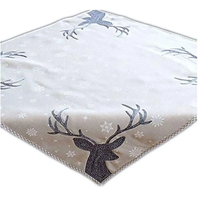 Abbildung von Raebel Tischdecke 110 x cm grau Hellgrau weiß eisblau Silber Stickerei Hirsch Weihnachten Weihnachtsdeko Weihnachtstischdecke Mitteldecke Tischdeko