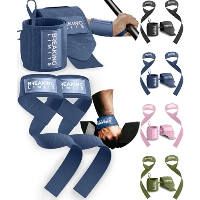 Abbildung von Breaking Limits Set aus Lifting Straps &amp; Wrist Wraps 2 Handgelenkbandagen, Zughilfen Krafttraining, Gewichtheben, Kraftsport, Bodybuilding, Krafttraining Powerlifting, Einheitsgröße (Marineblau)