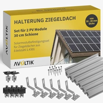 Abbildung von Solar Halterung Ziegeldach I Set für 3 PV Module 30 40mm Solarmodul Balkonkraftwerk Solarmodulbefestigungsset Ziegeldächer aus Edelstahl 1.4301 (Silber/Schwarz, 2 Module)