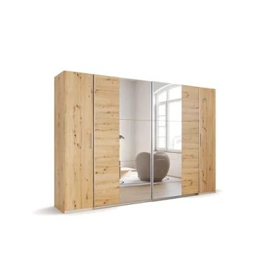 Abbildung von Rauch Möbel Kronach, Kombischrank, Schrank, Kleiderschrank, Schwebetürenschrank, Eiche Artisan, Holz, mit Spiegel, 4 türig, Inklusive 2 Kleiderstangen, 10 Einlegeböden, BxHxT 311x210x59cm