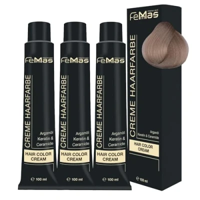 Abbildung von FemMas Haarfarbe 3x Hell Lichtblond Lime 10.13 I Professionelle Creme mit Arganöl, Keratin &amp; Ceramiden dauerthafte Haarfärbung oder Tönung für strahlende Farbergebnisse 100 ml