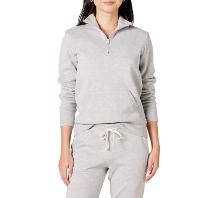 Abbildung von Amazon Essentials Damen Langarm Oberteil aus Fleece mit Viertelreißverschluss (in Übergröße erhältlich), Hellgrau Meliert, S