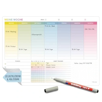 Abbildung von TOBJA Terminplaner Whiteboard Wochenplaner abwischbar A4 Selbstklebend inkl. Stift, Kalender mit To Do Liste &amp; Habit Tracker