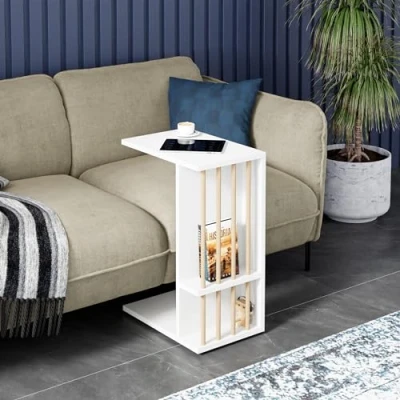 Abbildung von [en.casa] Beistelltisch Siikainen Laptoptisch mit senkrechten Streben 65 x 44 29 cm Rolltisch C Form Wohnzimmertisch rechteckig Ablagetisch Weiß