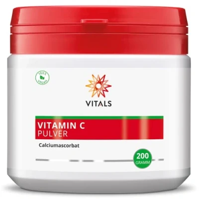 Abbildung von Vitals Vitamin C Pulver 200g, Calciumascorbat. Ohne Hilfsstoffe und 100% Vegan. In der gepufferten Form von Calciumascorbat ist für Personen geeignet, die Ascorbinsäure weniger gut vertragen.