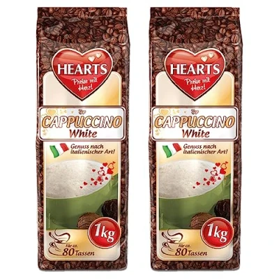 Abbildung von HEARTS Cappuccino White Line, 2er Pack (2 x 1 kg), Vanille Geschmack Instant Kaffeepulver, Getränkepulver für 80 Tassen, leicht löslich
