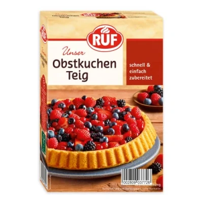 Abbildung von RUF Obstkuchen Teig, Backmischung für Obstkuchenteig, schnell und einfach, Obstboden, Erdbeerkuchen oder Tortenboden, 1 x 260g
