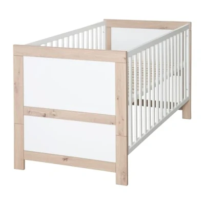 Abbildung von roba Babybett Malo 70 x 140 cm Mitwachsendes Gitterbett Höhenverstellbar Umbaubar zum Juniorbett Holz weiß lackiert/Dekor Sonoma Eiche