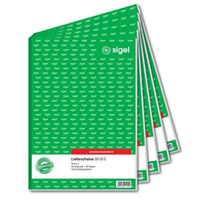 Abbildung von SIGEL SD015/5 Lieferscheine A4, 2x40 Blatt, selbstdurchschreibend, 5er Pack, mikroperforiert, mit Abheftlochung, aus nachhaltigem Papier