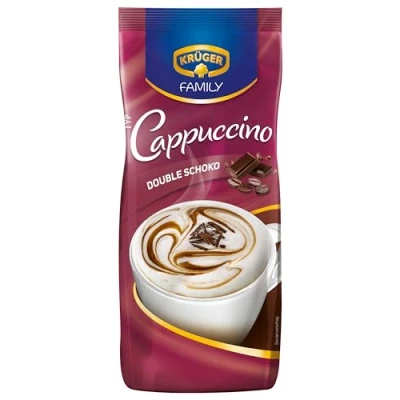 Abbildung von KRÜGER Family Cappuccino Double Schoko, aromatisiertes Getränkepulver mit löslichem Bohnenkaffee, koffeinhaltig, Instant Kaffee, 500 g Beutel