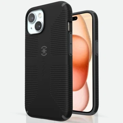Abbildung von Speck iPhone 15 Hülle Gebaut für MagSafe, Fallschutzgriff 14 &amp; 13 Kratzfest, Soft Touch, 6,1 Zoll Handyhülle CandyShell Grip Schwarz/Schiefergrau