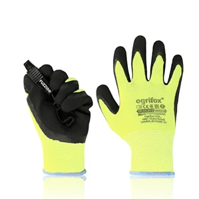 Abbildung von FUZZIO 12 Paar fluoreszierend Ogrifox Schrumpf Latex besichtet Arbeitshandschuhe Handschuh Klammer (M 8, Gelb)