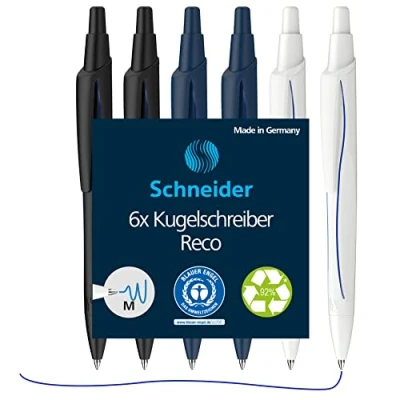 Abbildung von Schneider 131886 Reco Kugelschreiber (aus recyceltem Kunststoff, ausgezeichnet mit Der blaue Engel, Schreibfarbe: blau) sortiert, 6 Stück