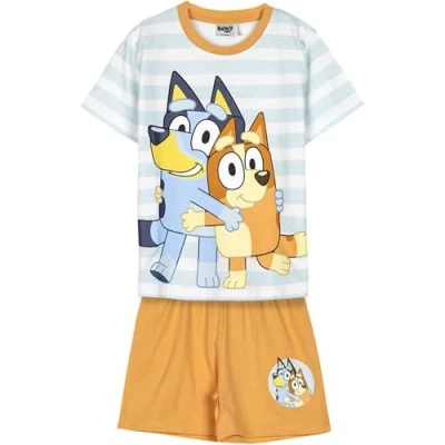 Abbildung von Bluey Pyjama Shorts Blau und Braun Größe 2 Jahre für Jungen Hergestellt aus 100% Baumwolle 145gsm Bingo Druck Original Produkt entworfen in Spanien