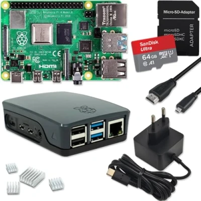 Abbildung von Raspberry Pi 4 8GB Starter Set 64GB Micro SD Karte USB C Netzteil 15W Gehäuse schwarz 4K HDMI Kabel Kühlkörper Model B RAM