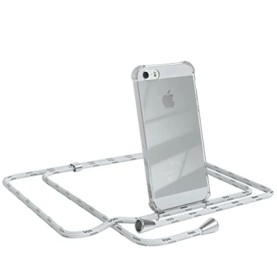 Abbildung von EAZY CASE Handykette kompatibel mit iPhone 5 / 5S SE (2016) Handyhülle Umhängeband, Handykordel Schutzhülle, Silikonhülle, Hülle Band, Stylische Kette Smartphone, Weiß/Silber