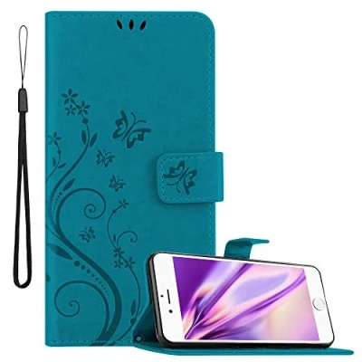Abbildung von Cadorabo Hülle kompatibel mit Apple iPhone 6 / 6S Blumen Design aus Kunst Leder Flip Klappbare Stoßfeste Magnetische [Standfunktion] [Kartenfächern] Cover für Tasche in Blau