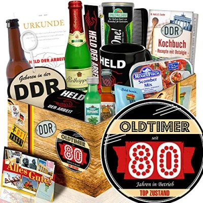 Abbildung von Oldtimer 80 + Geschenke 80ten Geburtstag DDR Geschenkbox
