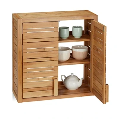 Abbildung von Relaxdays, natur Wandschrank aus Bambus, 2 Türen, höhenverstellbare Einlegeböden, Quadrat Hängeschrank, HBT 56,5x56x21cm
