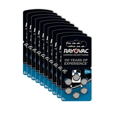 Abbildung von RAYOVAC Hörgerätebatterien, Batterien Knopfzellen für Hörgerät, 60 Stück, Größe 675