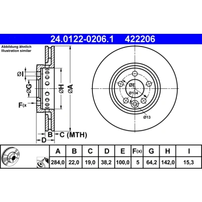 Abbildung von ATE 24.0122 0206.1 Bremsscheibe 284,0 22,0 5 100,0 Belüftet beschichtet ROVER: 75 Tourer, 75, MG: ZT T Kombi, Limousine