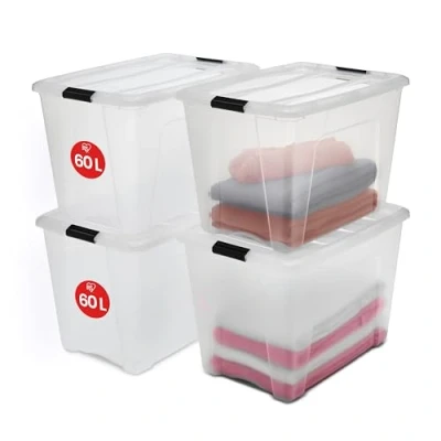 Abbildung von Iris Ohyama Aufbewahrungsboxen mit Deckel, 60L, 4er Set, Transparent, Sicherer Verschluss, Stapelbar, Griffe, für Schlafzimmer, Schrank, Organisation, BPA freies Plastik, Ordnungsboxen, NTB 60