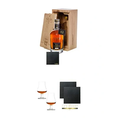 Abbildung von Slyrs Bavarian Whisky 12 Jahre in HOLZKISTE (Jahrgang 2006) 0,7 Liter + Stölzle Nosingglas für 2 Gläser 1610031 Schiefer Glasuntersetzer eckig ca. 9,5 cm Ø Stück