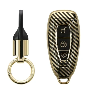 Abbildung von kwmobile Autoschlüssel Hülle kompatibel mit Ford 3 Tasten Keyless Go Schlüsselhülle Key Ring Anhänger Cover Gold Schwarz