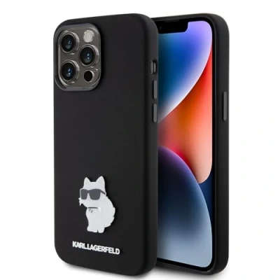 Abbildung von Karl Lagerfeld KLHCP15XSMHCNPK Hülle für iPhone 15 Pro Max 6.7&quot; Schwarz Silicone Choupette Metal Pin