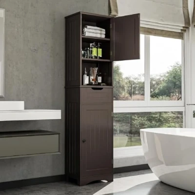 Abbildung von Bealife Hochschrank Badezimmer, Badschrank mit verstellbaren Regalen, Badezimmerschrank offenem Fach, Schublade und Türen für Wohnzimmer, Schlafzimmer Dunkelbraun