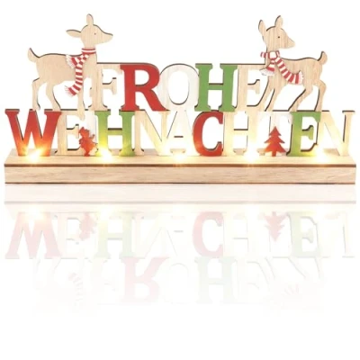 Abbildung von com four® LED Deko Aufsteller aus Holz beleuchteter Schriftzug auf Holzsockel zum Hinstellen für Weihnachten Stimmungslicht mit Timer (Rentiere bunt)