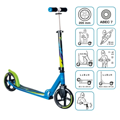 Abbildung von muuwmi Aluminium Scooter Tretroller, 205 mm, ABEC 7, GS geprüft, höhenverstellbar, XL Deck, grün blau schwarz