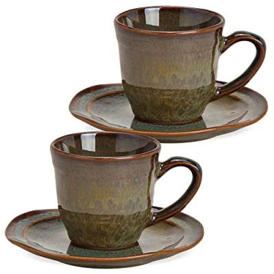 Abbildung von matches21 HOME &amp; HOBBY Tasse Moderne Steingut Espresso Tassen 2er Set braun 90 ml, Keramik, Kleine Vintage Henkel Kaffee mit Untertassen