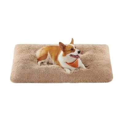 Abbildung von Feandrea Hundebett, Hundekissen, Flauschige Hundematte, Langer Plüsch, 110 x 73 cm, weiche Polsterung, waschbar, multifunktional, Kamelbraun PGW203K01