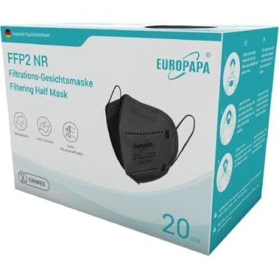 Abbildung von EUROPAPA 20x FFP2 Schwarz Maske Atemschutzmaske 5 Lagen Staubschutzmasken hygienisch einzelverpackt Stelle zertifiziert EN149:2001+A1:2009 Mundschutzmaske EU2016/425