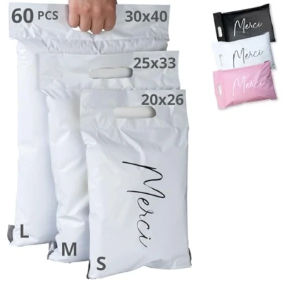 Abbildung von EMBALLAX 60 Versandtaschen Warensendung 3 Größen S/M/L UNDURCHSICHTIG/WIDERSTANDSFÄHIG/WASSERDICHT Versandtüten für Kleidung Umschlag Kartons Versandbeutel Versandtasche Danke