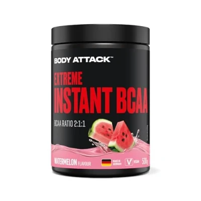 Abbildung von Body attack Extreme Instant BCAA 500 g Watermelon Made in Germany Gut lösliches, veganes Pulver im Verhältnis 2:1:1 Zuckerfreie Aminosäuren für intensives Training Mit L Leucin