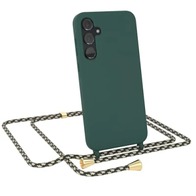 Abbildung von EAZY CASE Hülle mit Band kompatibel Samsung Galaxy A35 Handyhülle für Silikon Mikrofaser stoßfester Fallschutz Kette zum Umhängen Handykordel Nacht Grün Camouflage Clips Gold