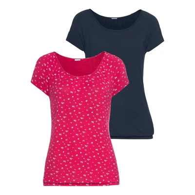 Abbildung von Lascana 2 PACK Tshirt print pinK/navy, Damen, Größe: 32/34, Pink/navy
