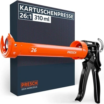 Abbildung von Presch Kartuschenpresse 26:1 Übersetzung Silikonspritze für Kartuschen bis 310ml (Hohe Viskosität, Montagekleber &amp; Mörtel) Kartuschenpistole 360 drehbar inkl. Einstechwerkzeug