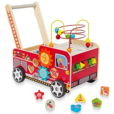 Abbildung von Lauflernwagen Aus Holz Für Kinder Lauflernhilfe Spaß Babys, Laufen Lernen, Multifunktion Holzspielzeug Kleinekinder Montessori Spielzeug (Rot)